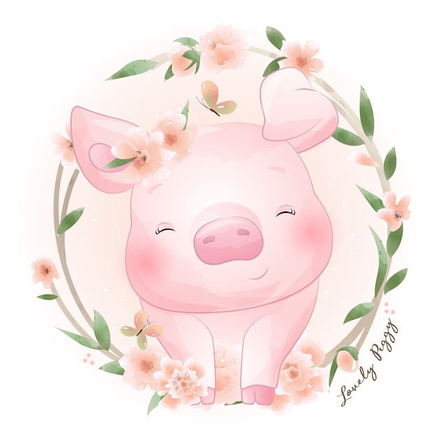 Vector cute doodle piggy with floral illustration