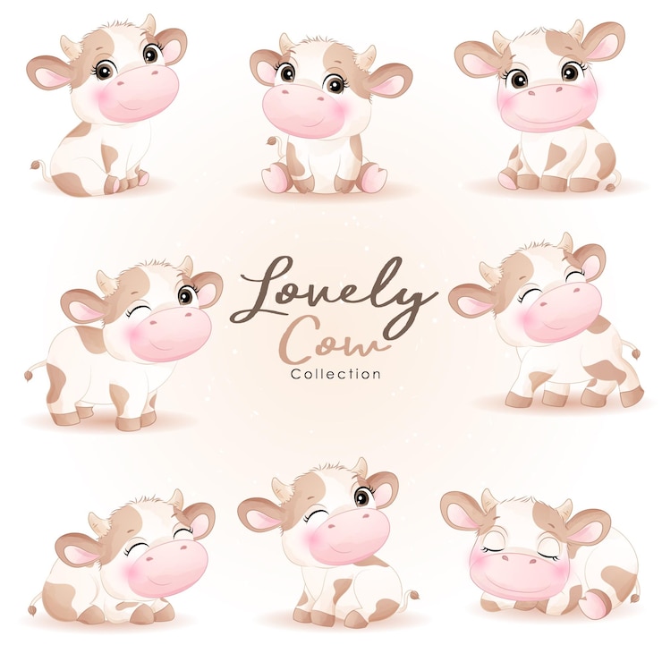 Vector cute doodle poses cow baby shower with watercolor illustration