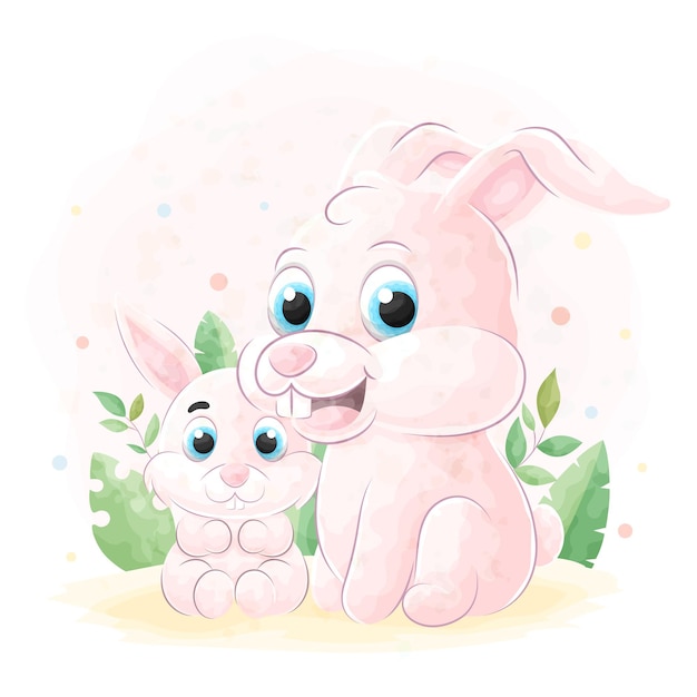 Cute doodle rabbit with watercolor illustration