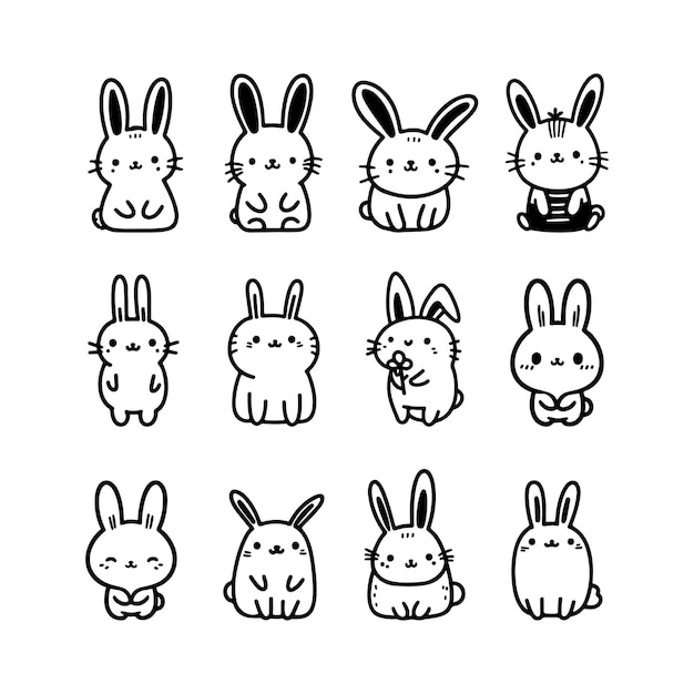 Vector cute doodle rabbits set