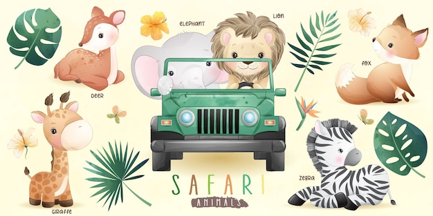 Vettore simpatici animali safari doodle con collezione floreale