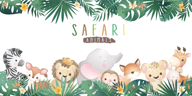 Animali di safari di doodle carino con illustrazione floreale