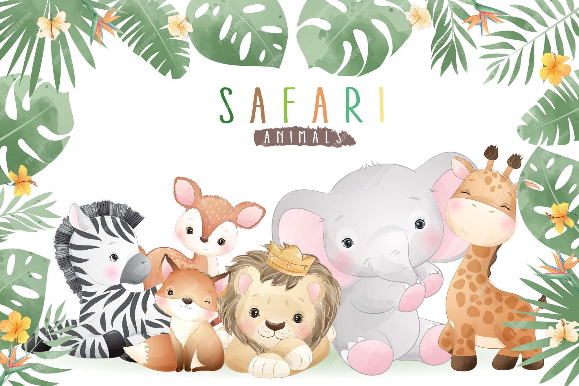 Premium Vector | Cute doodle safari animals with floral illustration Premium Vector | Cute doodle safari animals with floral illustration