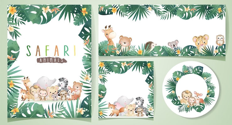 Vector cute doodle safari animals with floral set illustration