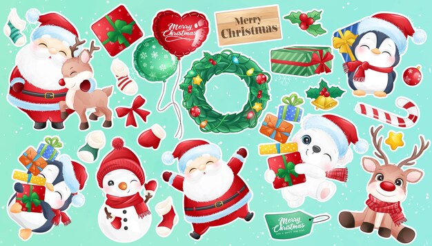 Vector cute doodle santa claus and animal for christmas day  sticker collection