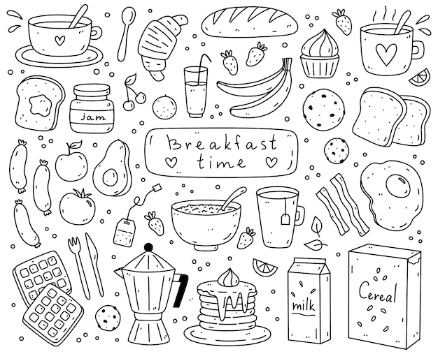 Vector cute doodle set of breakfast food fried eggs bacon toasts sausages coffee tea oatmeal pancakes