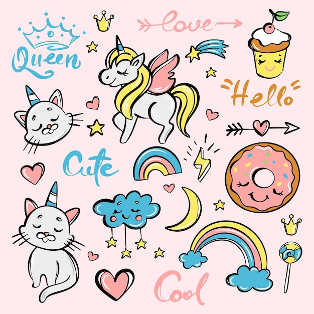 CUTE DOODLE SET CARTOON ANIMALS Hand Drawn Sketch Phrases