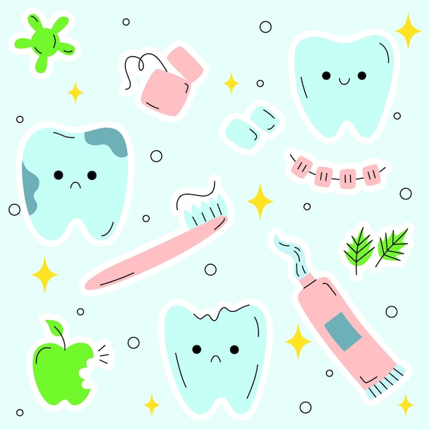 Вектор Милый набор зубов и зубной щетки зубная паста зубная нить зубные персонажи с различными эмоциями улыбающийся и грустный талисман для гигиены полости рта стоматологическое лечение