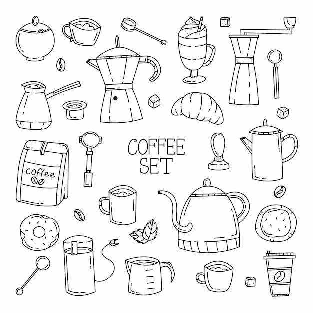 Симпатичные каракули набор с кофе и кофейными принадлежностями