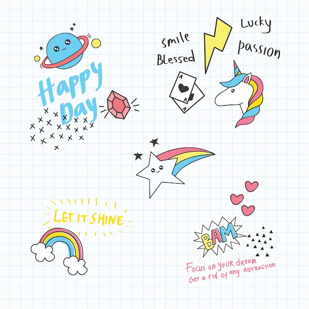 Cute doodle set with quotes on paper background