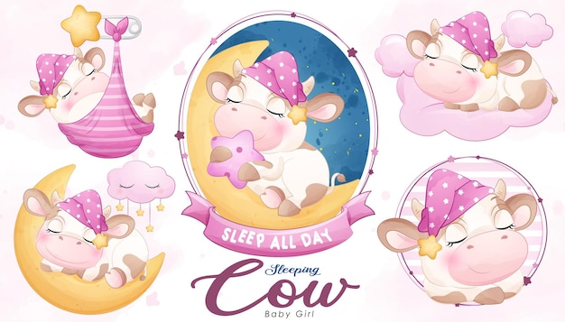 Cute doodle sleeping cow baby shower with watercolor illustration