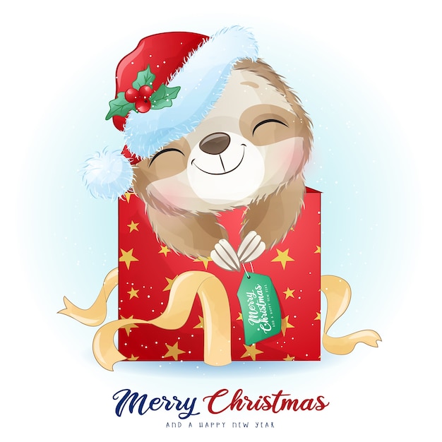 Милый каракули ленивец на рождество с акварельной иллюстрацией