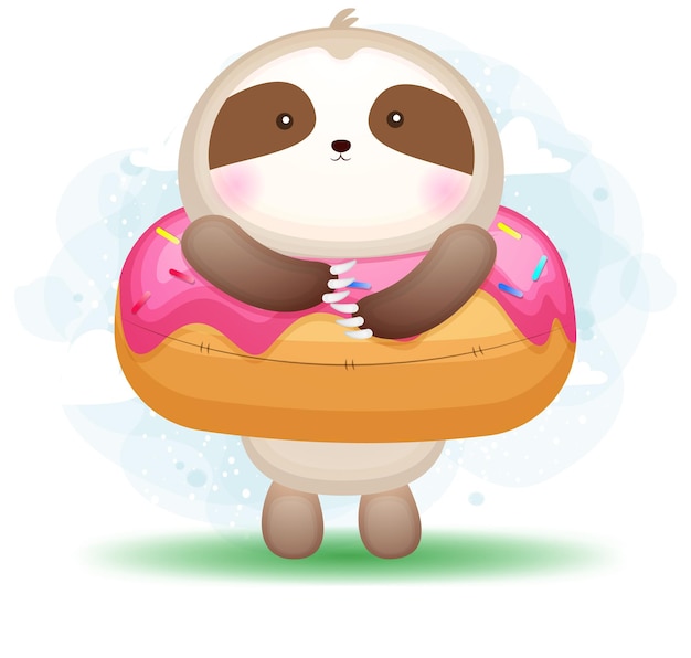 Милый каракули ленивец и сладкий десерт мультипликационный персонаж