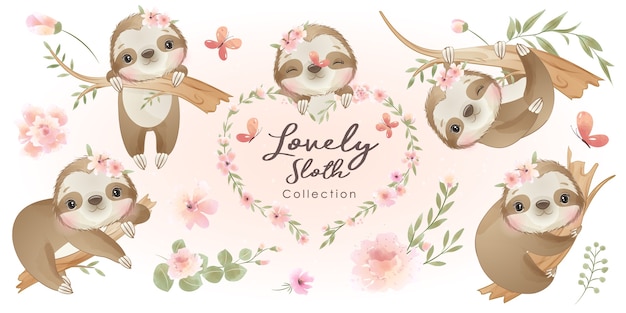 Cute doodle sloth with floral collection