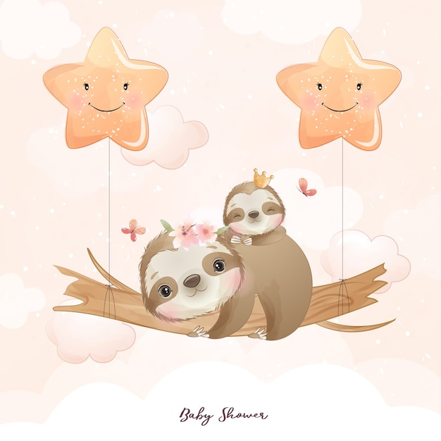 Vector cute doodle sloth with floral illustration