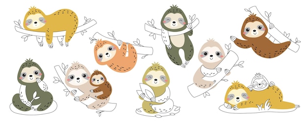 Cute doodle sloths set