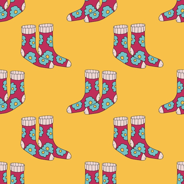 Vector cute doodle sock with floral texture ornament seamless pattern childlike style