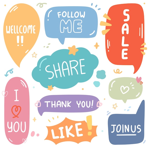 Cute doodle speech bubbles set in different shapes handwritten words with social media elements