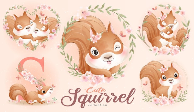 Cute doodle squirrel with floral set with watercolor illustration