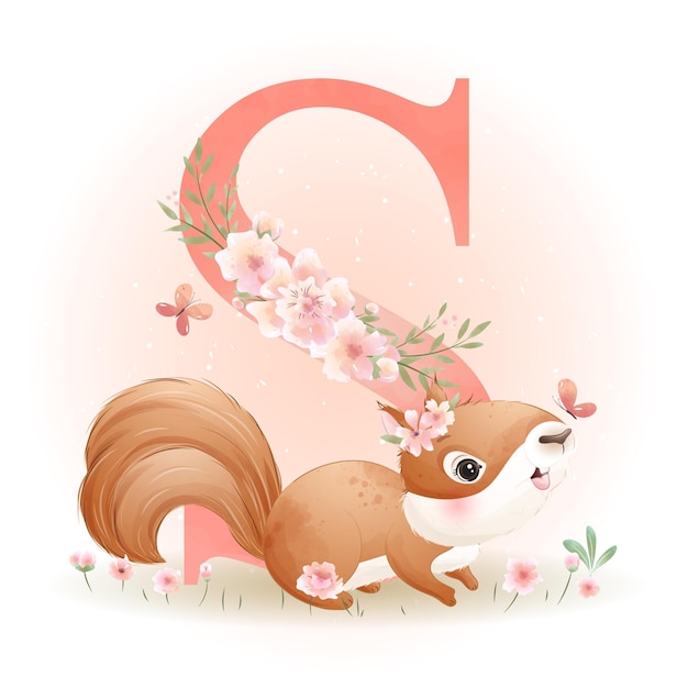 Cute doodle squirrel with floral watercolor illustration