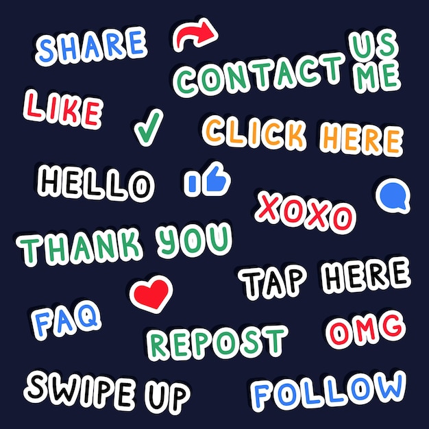 Cute doodle stickers with tags for social media stories -like, share, follow, repost, xoxo, FAQ, OMG