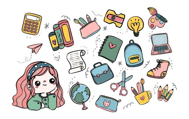 Cute Doodle Student Girl with School Supplies Back to School Fun