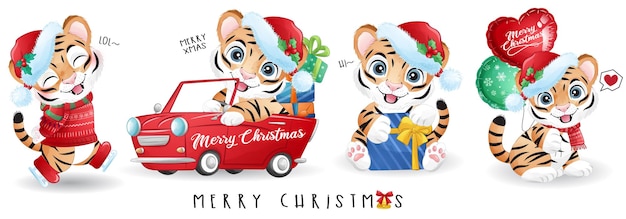 Cute doodle tiger for merry christmas illustration set