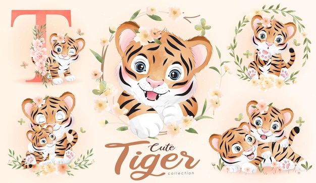 Vector cute doodle tiger with floral set with watercolor illustration