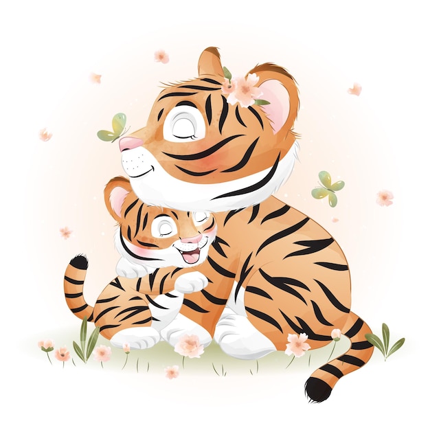 Cute doodle tiger with watercolor illustration