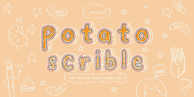 Vector cute doodle typography potato scribble teksteffect