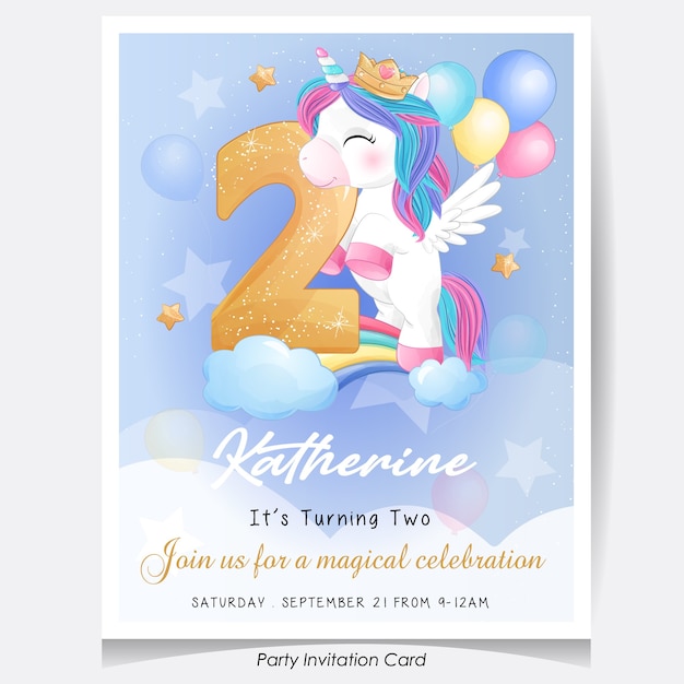 Vector cute doodle unicorn birthday party invitation card illustration