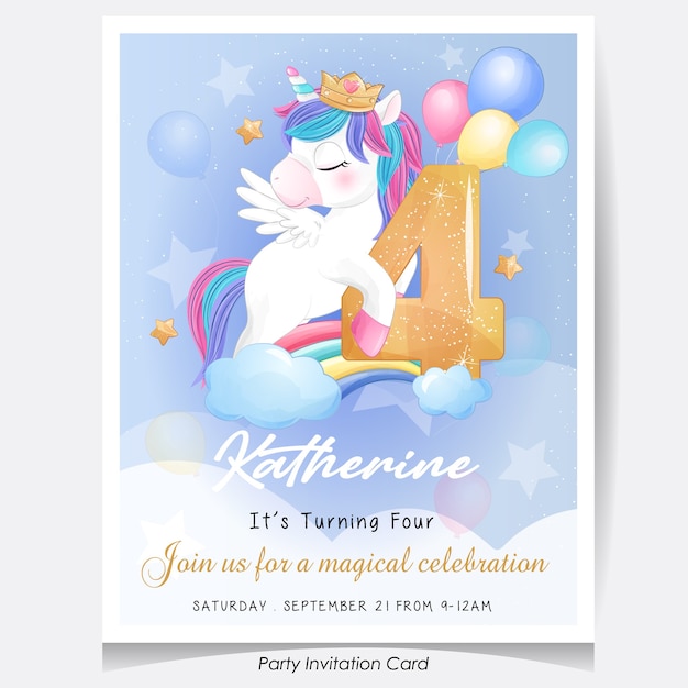 Vector cute doodle unicorn birthday party invitation card illustration