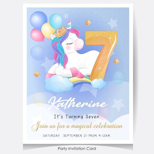 Cute doodle unicorn birthday party invitation card illustration