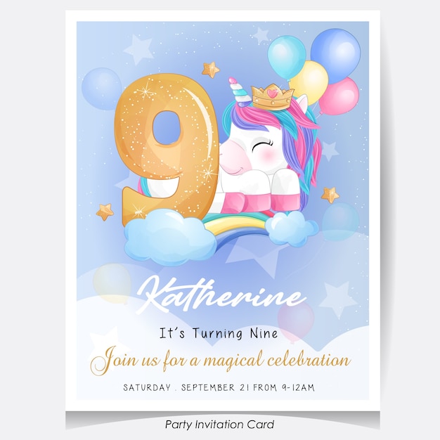 Vector cute doodle unicorn birthday party invitation card illustration