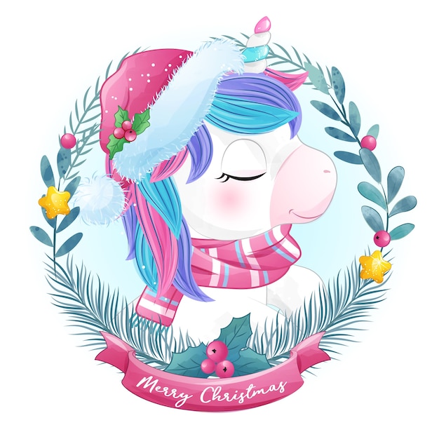 Cute doodle unicorn for christmas in watercolor style