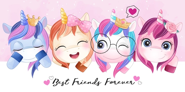 Cute doodle unicorn friends with watercolor illustration