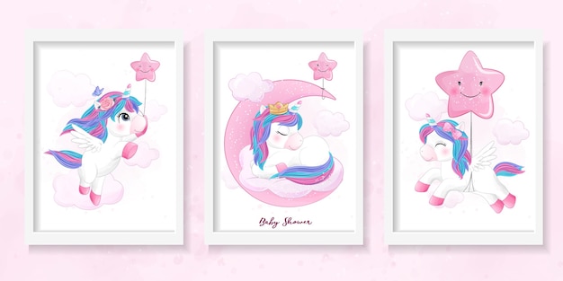 Unicorno carino doodle impostato per baby shower con illustrazione dell'acquerello