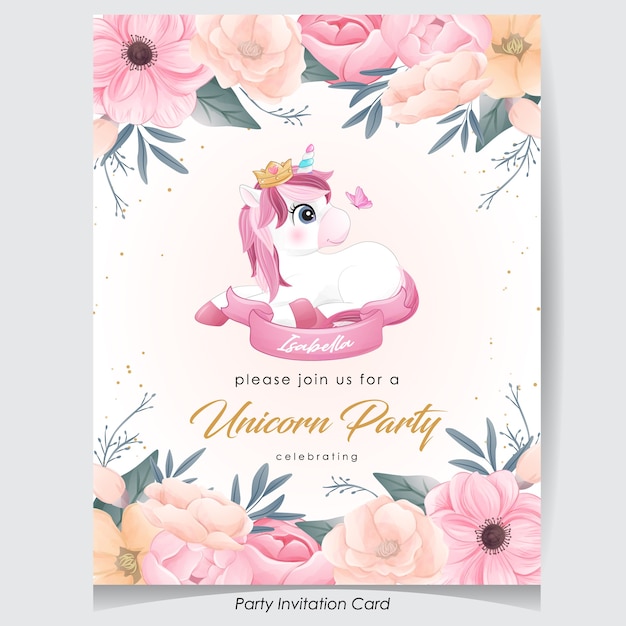 Vector cute doodle unicorn with watercolor illustration