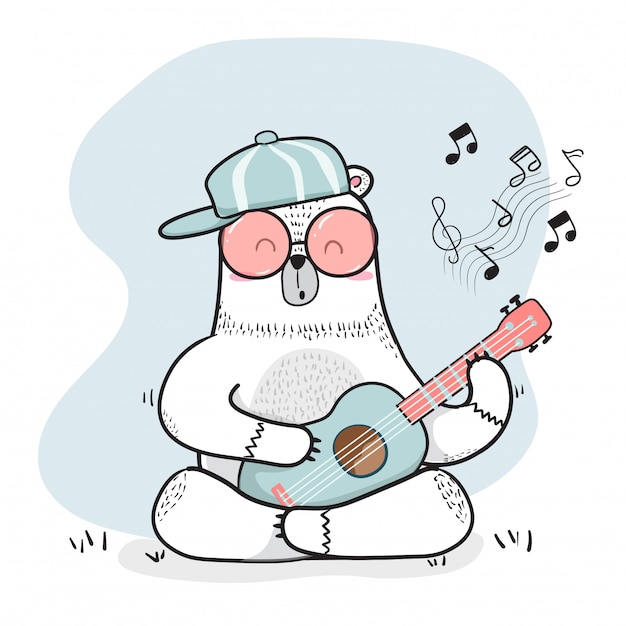 Cute doodle white bear plays guitar