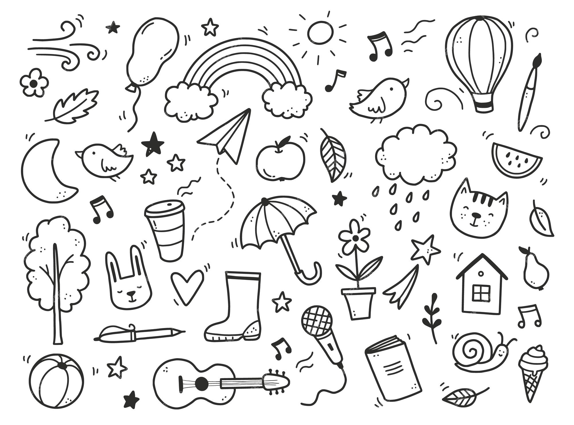 Premium Vector | Cute doodle with cloud, rainbow, sun, animal element ...