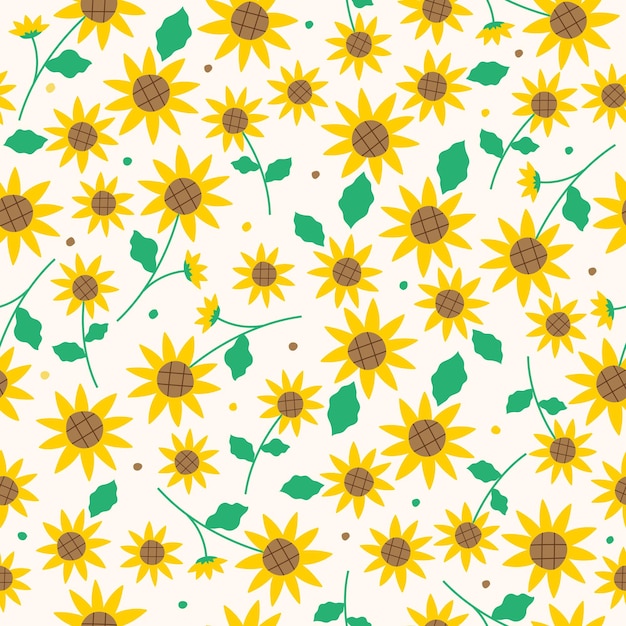 Cute doodle yellow sunflower flower element with leaves floral ditsy leaf polkadot dot confetti abstract organic shape hand drawn hand drawing cartoon color seamless pattern yellow background