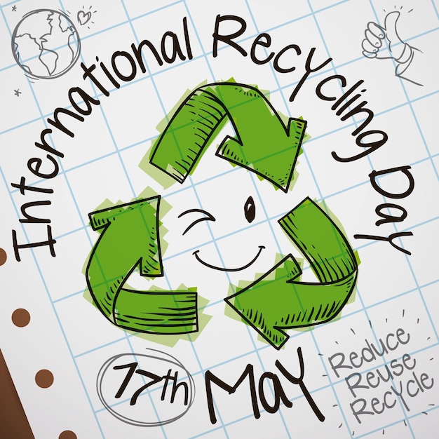 Vector cute doodles in notebook paper with the three r principles for international recycling day