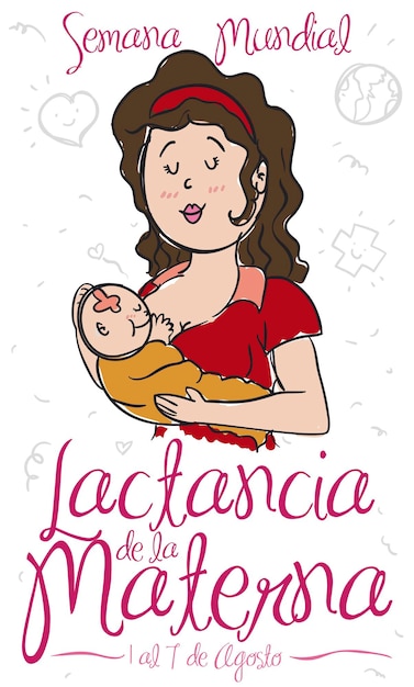 Cute doodles with mom and baby with message for World Breastfeeding Week in Spanish