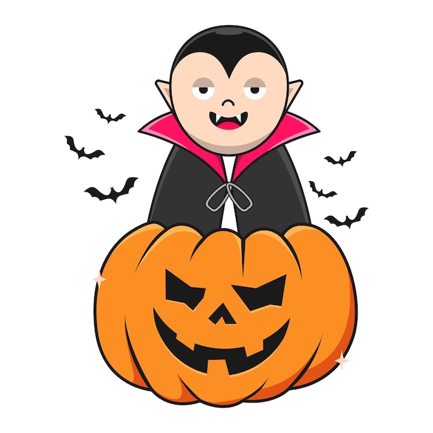 Cute Dracula comes out of the pumpkin with the bats halloween with jack o lantern