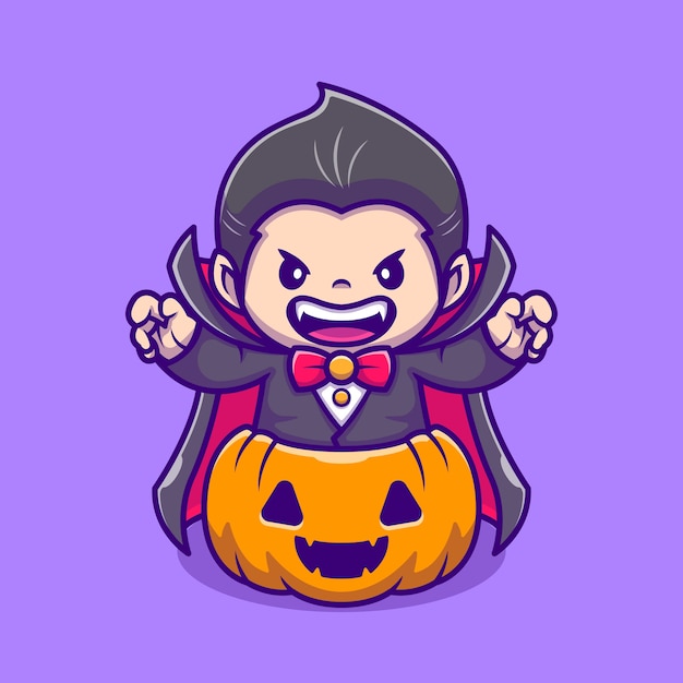 Cute Dracula In Pumpkin Cartoon Icon Illustration. People Holiday Icon Concept Isolated  . Flat Cartoon Style