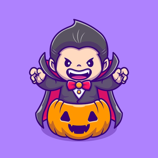 Cute dracula in pumpkin cartoon icon illustration. people holiday icon concept isolated . flat cartoon style