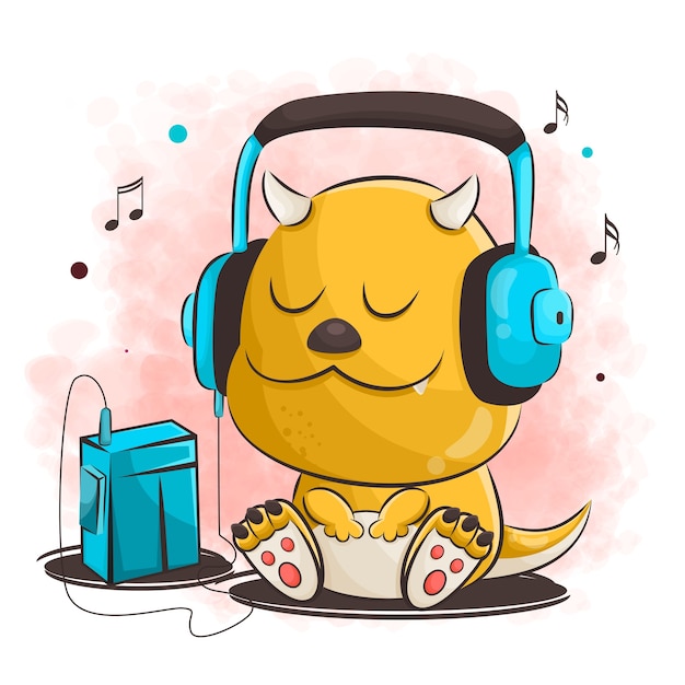 Vector cute dragon cartoon listening music