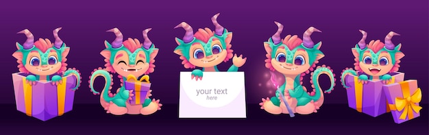 Cute dragon character animal mascot in different poses vector set of cartoon funny fairy