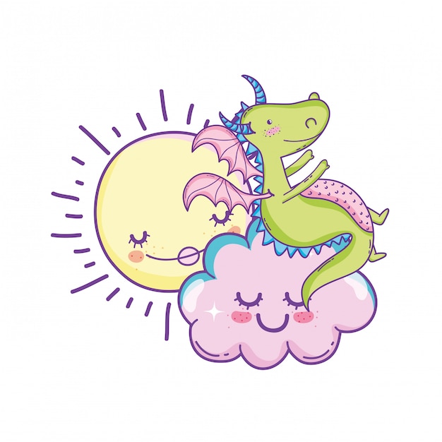 Cute dragon on clouds cartoons