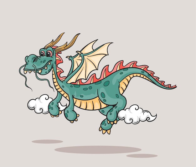 Cute dragon flying with small clouds, cartoon fire dragon kingdom legend